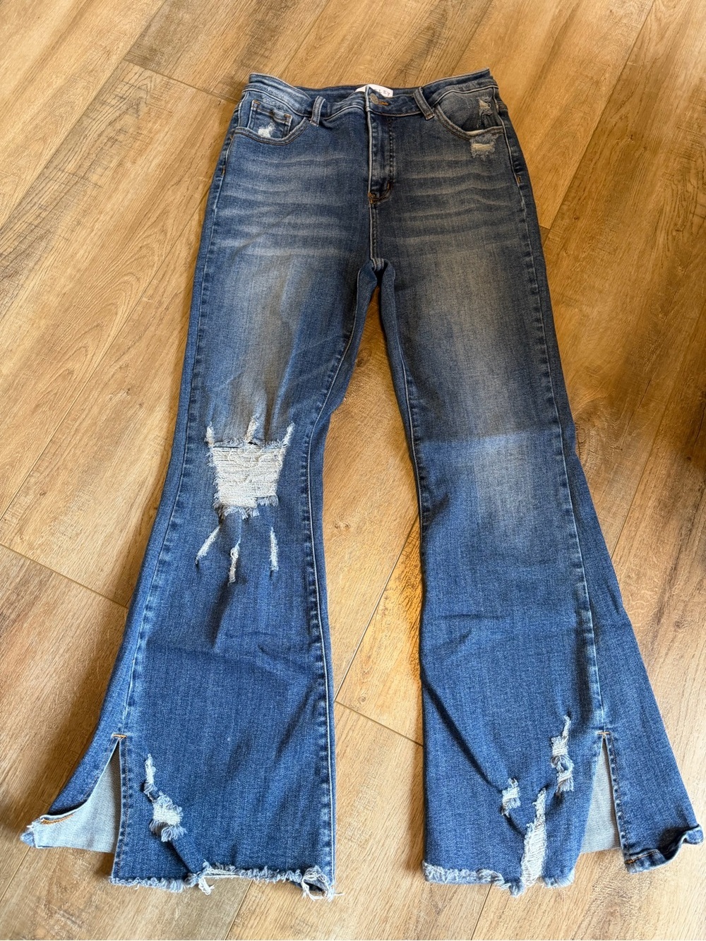 Dark Blue Distressed Flare Jeans with Split Hem